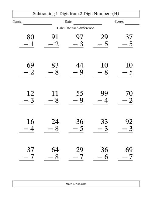 The Subtracting 1-Digit from 2-Digit Numbers With Some Regrouping (25 Questions) Large Print (H) Math Worksheet