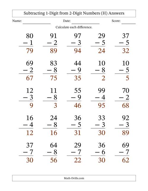The Subtracting 1-Digit from 2-Digit Numbers With Some Regrouping (25 Questions) Large Print (H) Math Worksheet Page 2