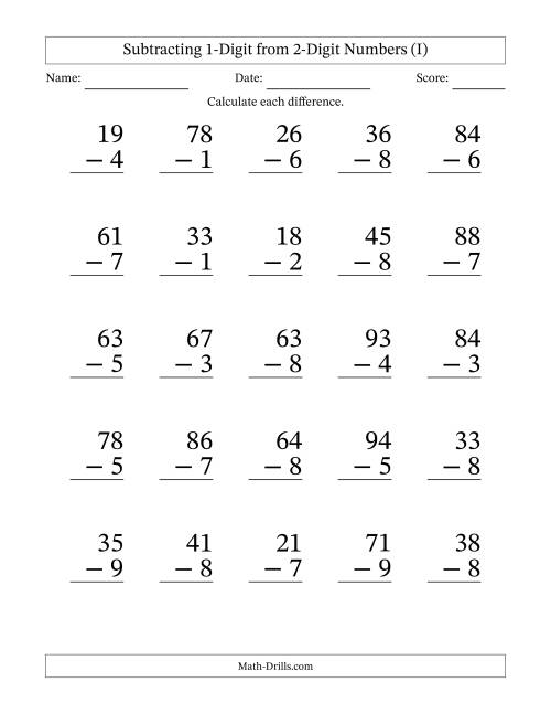 The Large Print 2-Digit Minus 1-Digit Subtraction (I) Math Worksheet