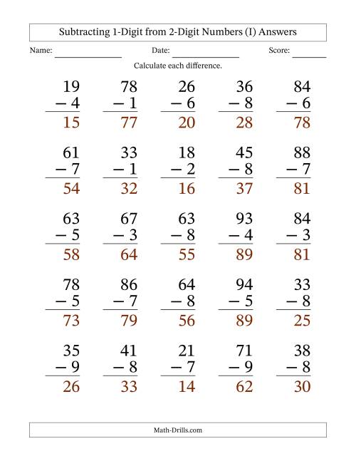 The Large Print 2-Digit Minus 1-Digit Subtraction (I) Math Worksheet Page 2