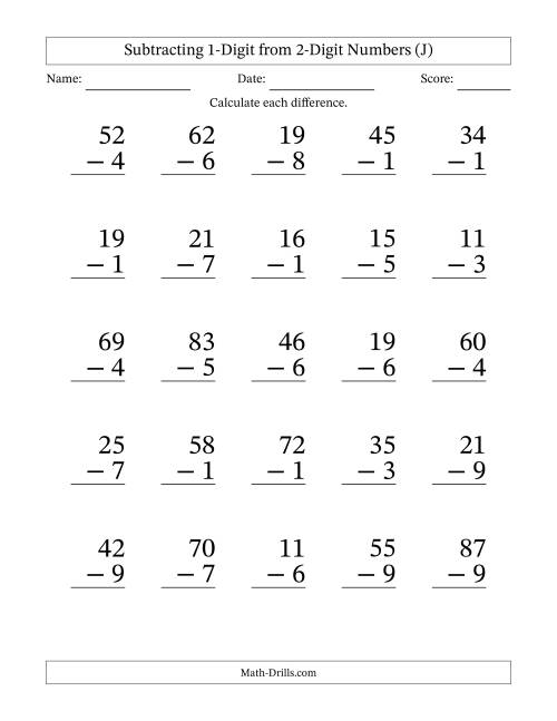 The Subtracting 1-Digit from 2-Digit Numbers With Some Regrouping (25 Questions) Large Print (J) Math Worksheet