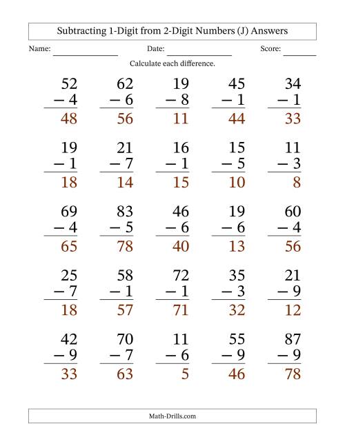 The Subtracting 1-Digit from 2-Digit Numbers With Some Regrouping (25 Questions) Large Print (J) Math Worksheet Page 2