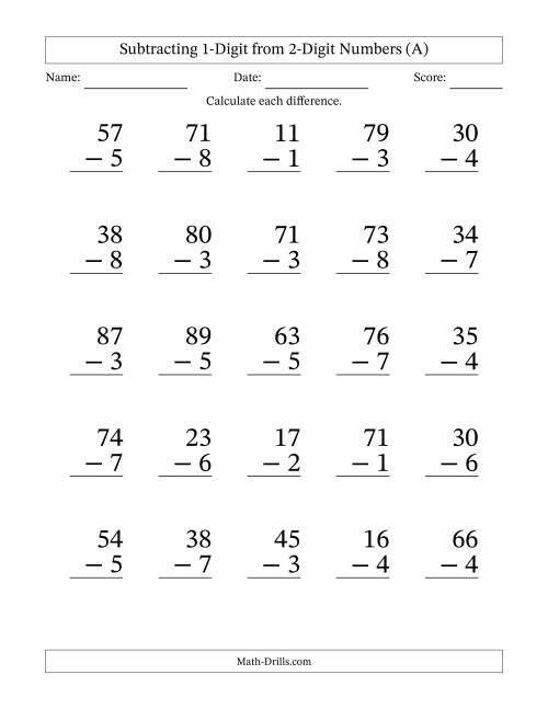 The Subtracting 1-Digit from 2-Digit Numbers With Some Regrouping (25 Questions) Large Print (All) Math Worksheet