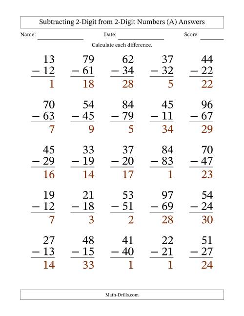 The Subtracting 2-Digit from 2-Digit Numbers With Some Regrouping (25 Questions) Large Print (A) Math Worksheet Page 2