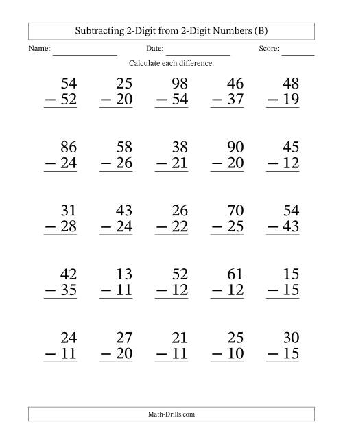 The Subtracting 2-Digit from 2-Digit Numbers With Some Regrouping (25 Questions) Large Print (B) Math Worksheet