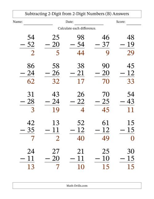 The Subtracting 2-Digit from 2-Digit Numbers With Some Regrouping (25 Questions) Large Print (B) Math Worksheet Page 2
