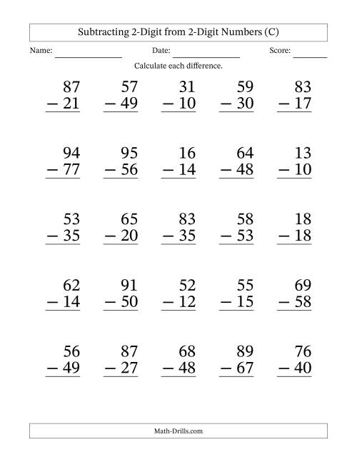 The Subtracting 2-Digit from 2-Digit Numbers With Some Regrouping (25 Questions) Large Print (C) Math Worksheet