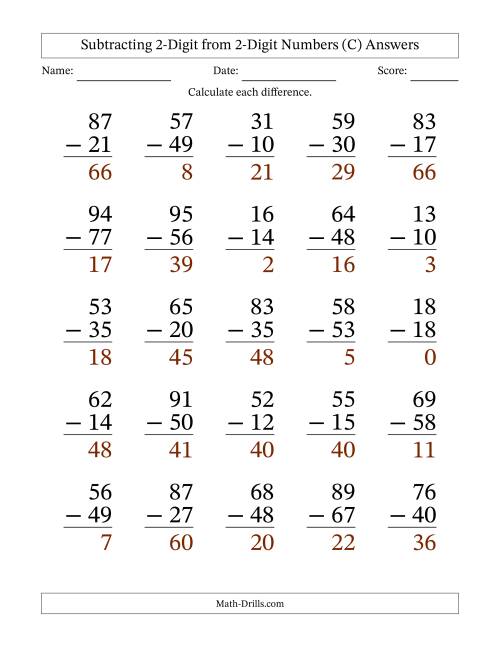 The Subtracting 2-Digit from 2-Digit Numbers With Some Regrouping (25 Questions) Large Print (C) Math Worksheet Page 2