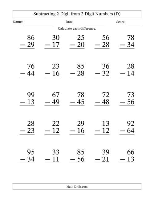 The Subtracting 2-Digit from 2-Digit Numbers With Some Regrouping (25 Questions) Large Print (D) Math Worksheet