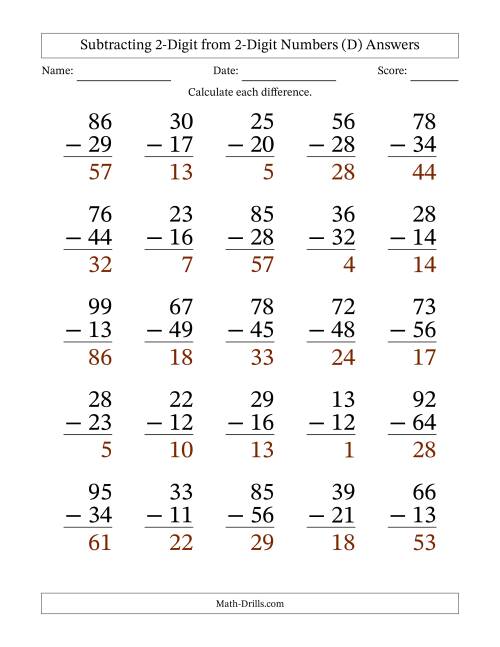 The Subtracting 2-Digit from 2-Digit Numbers With Some Regrouping (25 Questions) Large Print (D) Math Worksheet Page 2