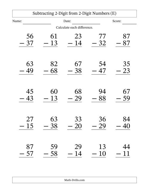 The Subtracting 2-Digit from 2-Digit Numbers With Some Regrouping (25 Questions) Large Print (E) Math Worksheet