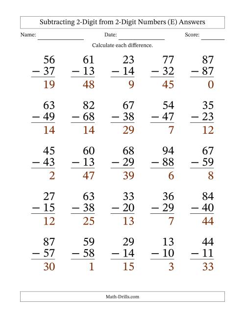 The Subtracting 2-Digit from 2-Digit Numbers With Some Regrouping (25 Questions) Large Print (E) Math Worksheet Page 2