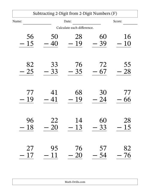 The Subtracting 2-Digit from 2-Digit Numbers With Some Regrouping (25 Questions) Large Print (F) Math Worksheet