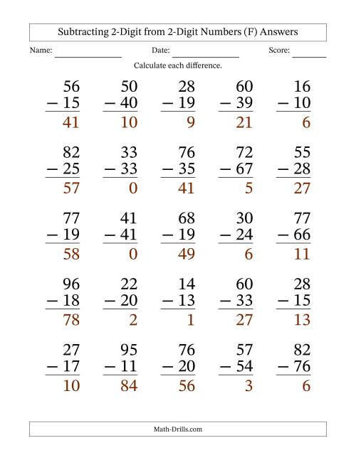 The Subtracting 2-Digit from 2-Digit Numbers With Some Regrouping (25 Questions) Large Print (F) Math Worksheet Page 2