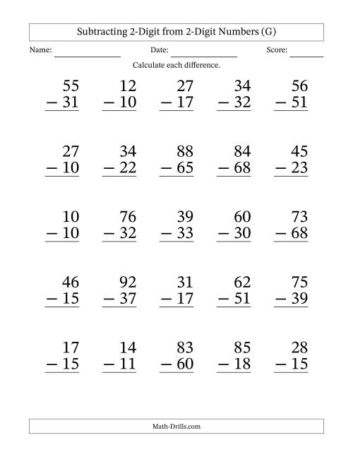 The Subtracting 2-Digit from 2-Digit Numbers With Some Regrouping (25 Questions) Large Print (G) Math Worksheet