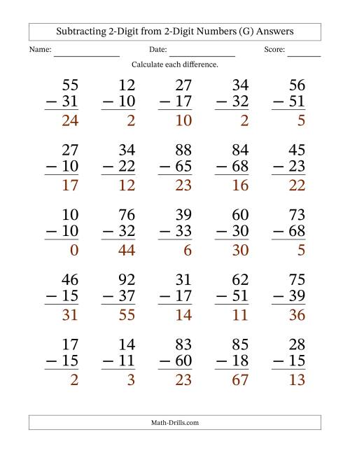 The Subtracting 2-Digit from 2-Digit Numbers With Some Regrouping (25 Questions) Large Print (G) Math Worksheet Page 2