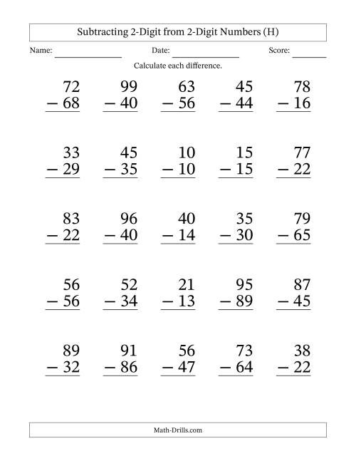 The Subtracting 2-Digit from 2-Digit Numbers With Some Regrouping (25 Questions) Large Print (H) Math Worksheet