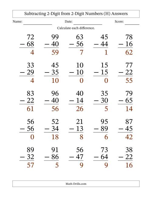 The Subtracting 2-Digit from 2-Digit Numbers With Some Regrouping (25 Questions) Large Print (H) Math Worksheet Page 2