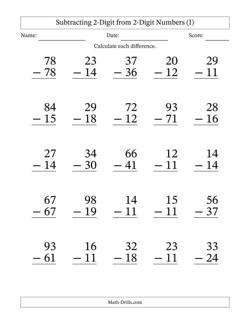 The Subtracting 2-Digit from 2-Digit Numbers With Some Regrouping (25 Questions) Large Print (I) Math Worksheet