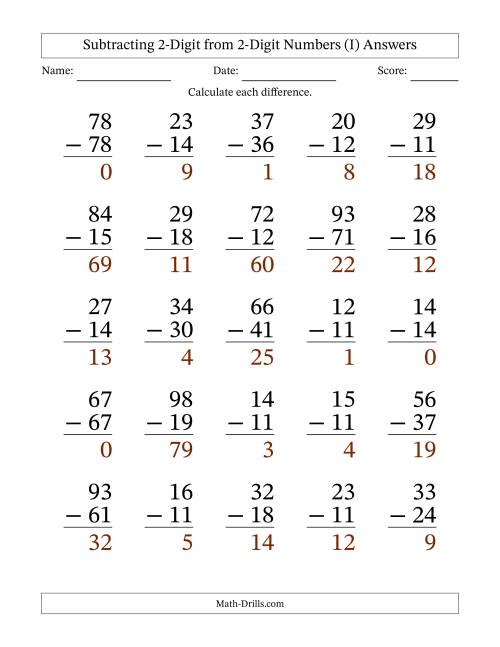The Subtracting 2-Digit from 2-Digit Numbers With Some Regrouping (25 Questions) Large Print (I) Math Worksheet Page 2
