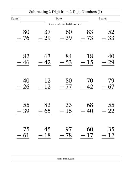 The Subtracting 2-Digit from 2-Digit Numbers With Some Regrouping (25 Questions) Large Print (J) Math Worksheet