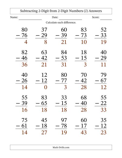 The Subtracting 2-Digit from 2-Digit Numbers With Some Regrouping (25 Questions) Large Print (J) Math Worksheet Page 2