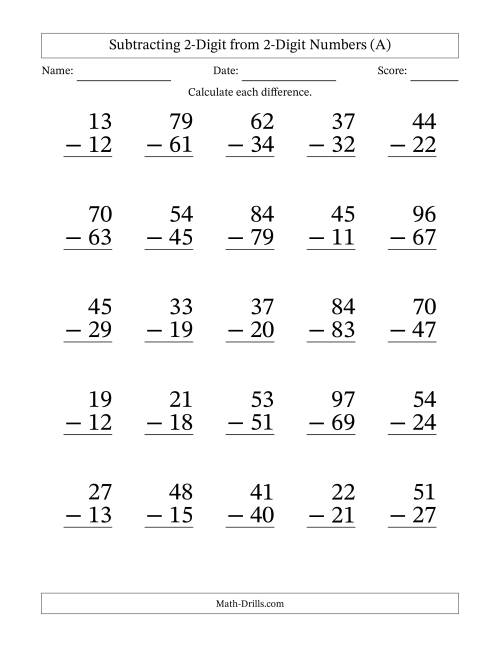 The Subtracting 2-Digit from 2-Digit Numbers With Some Regrouping (25 Questions) Large Print (All) Math Worksheet