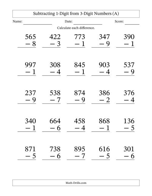 The Subtracting 1-Digit from 3-Digit Numbers With Some Regrouping (25 Questions) Large Print (A) Math Worksheet