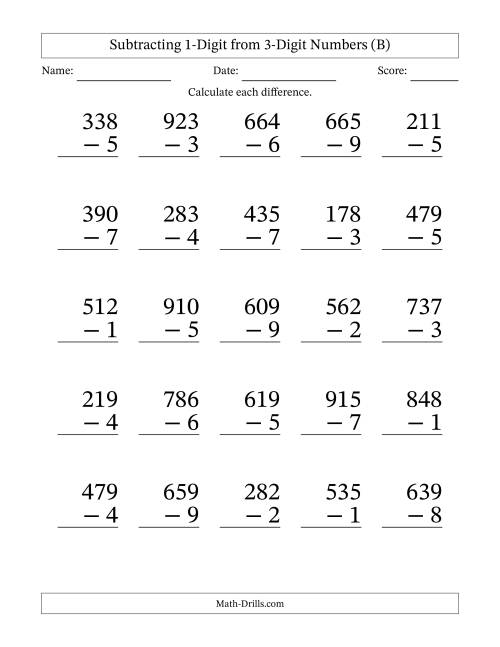 The Subtracting 1-Digit from 3-Digit Numbers With Some Regrouping (25 Questions) Large Print (B) Math Worksheet