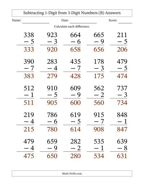 The Large Print 3-Digit Minus 1-Digit Subtraction (B) Math Worksheet Page 2