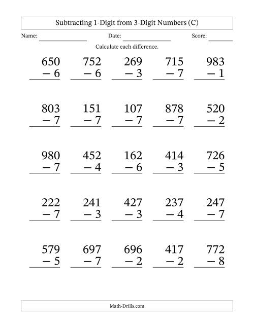 The Subtracting 1-Digit from 3-Digit Numbers With Some Regrouping (25 Questions) Large Print (C) Math Worksheet