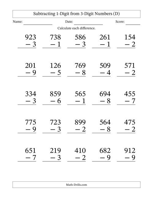 The Large Print 3-Digit Minus 1-Digit Subtraction (D) Math Worksheet