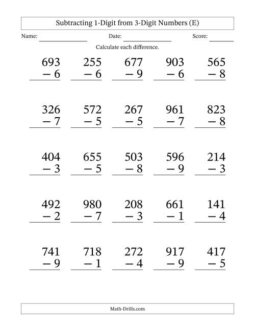 The Subtracting 1-Digit from 3-Digit Numbers With Some Regrouping (25 Questions) Large Print (E) Math Worksheet