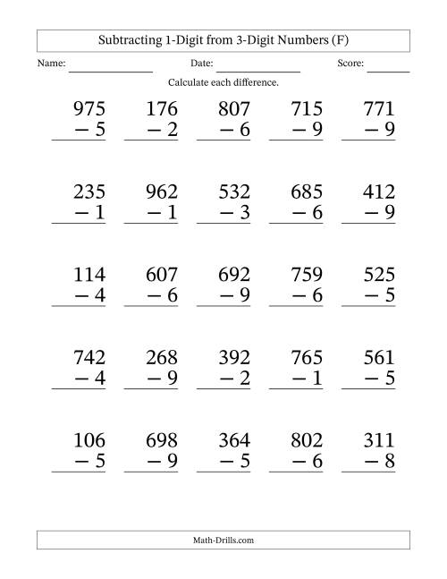 The Large Print 3-Digit Minus 1-Digit Subtraction (F) Math Worksheet