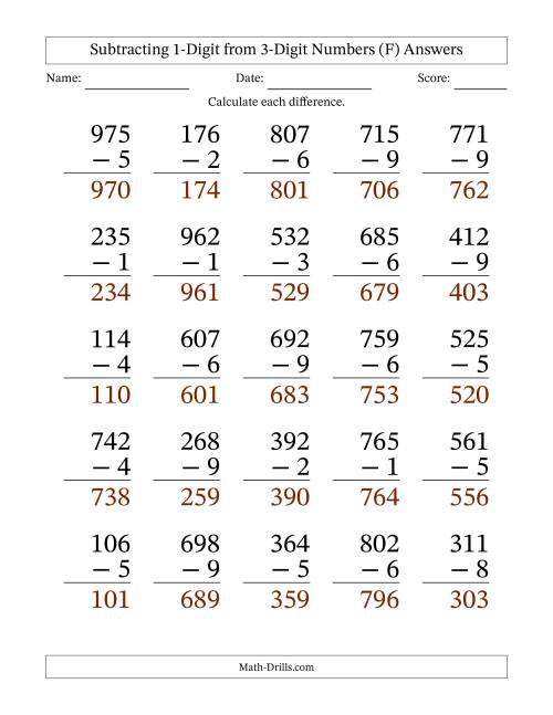 The Subtracting 1-Digit from 3-Digit Numbers With Some Regrouping (25 Questions) Large Print (F) Math Worksheet Page 2