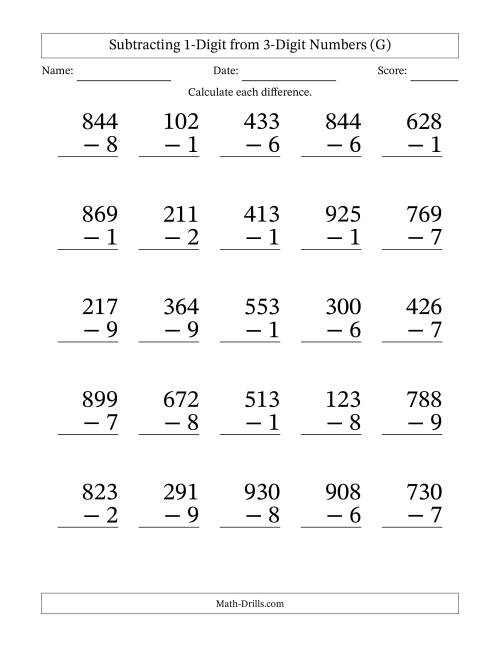 The Subtracting 1-Digit from 3-Digit Numbers With Some Regrouping (25 Questions) Large Print (G) Math Worksheet