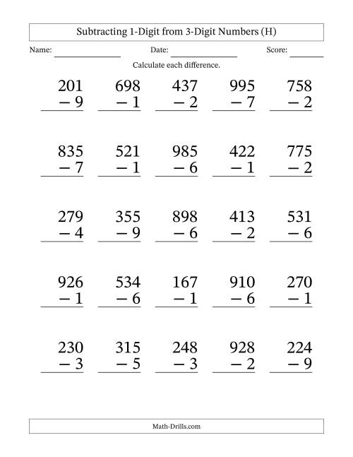 The Subtracting 1-Digit from 3-Digit Numbers With Some Regrouping (25 Questions) Large Print (H) Math Worksheet