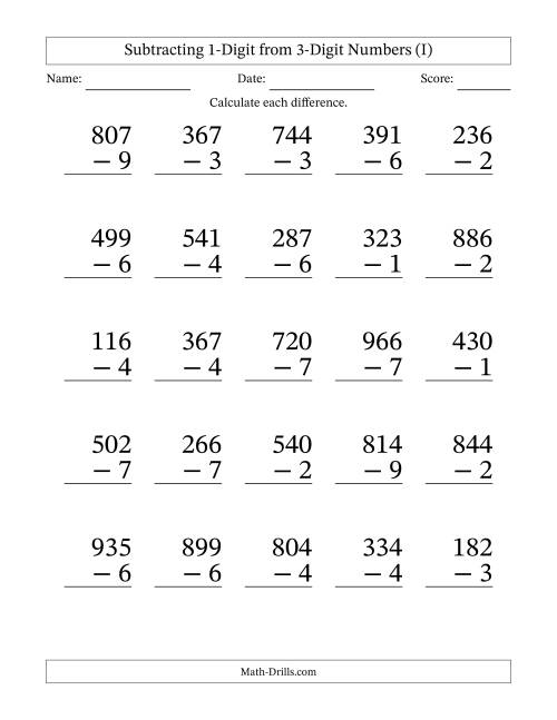 The Subtracting 1-Digit from 3-Digit Numbers With Some Regrouping (25 Questions) Large Print (I) Math Worksheet