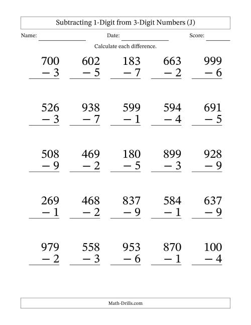 The Subtracting 1-Digit from 3-Digit Numbers With Some Regrouping (25 Questions) Large Print (J) Math Worksheet