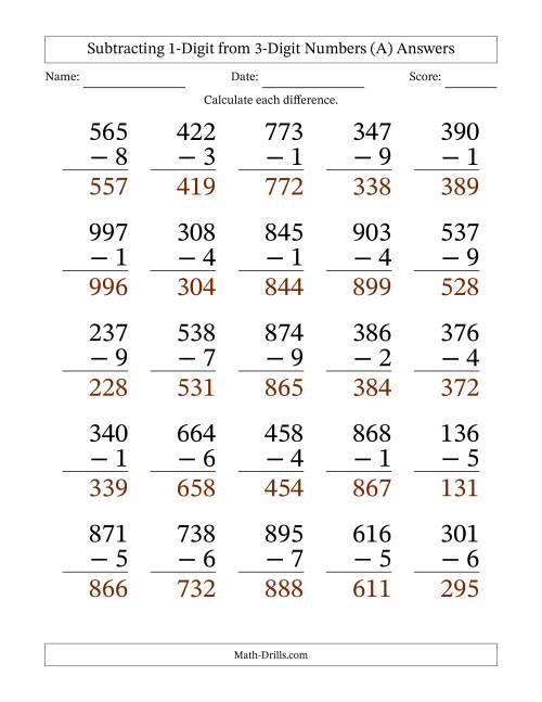 The Subtracting 1-Digit from 3-Digit Numbers With Some Regrouping (25 Questions) Large Print (All) Math Worksheet Page 2