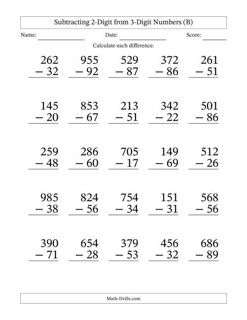 The Subtracting 2-Digit from 3-Digit Numbers With Some Regrouping (25 Questions) Large Print (B) Math Worksheet