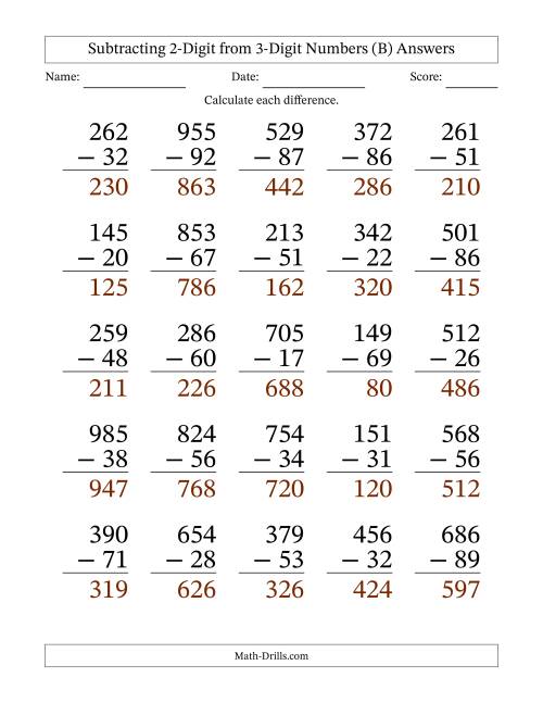 The Subtracting 2-Digit from 3-Digit Numbers With Some Regrouping (25 Questions) Large Print (B) Math Worksheet Page 2