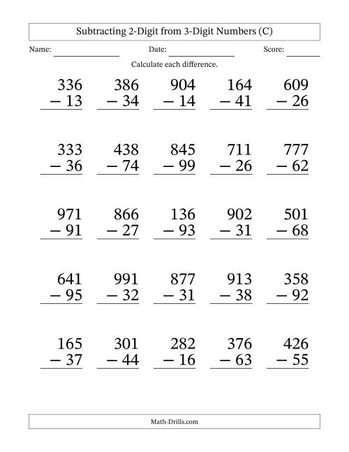 The Subtracting 2-Digit from 3-Digit Numbers With Some Regrouping (25 Questions) Large Print (C) Math Worksheet