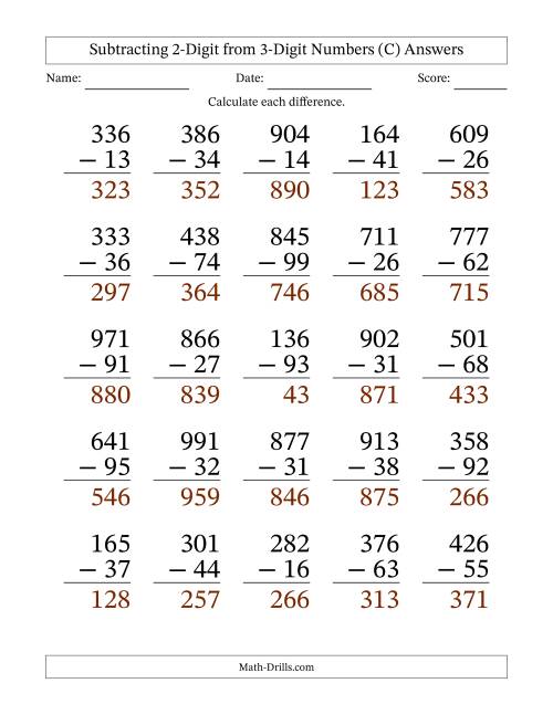 The Subtracting 2-Digit from 3-Digit Numbers With Some Regrouping (25 Questions) Large Print (C) Math Worksheet Page 2