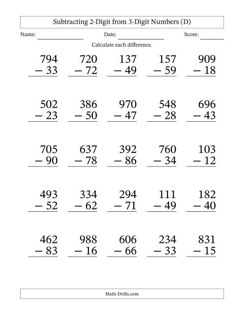 The Subtracting 2-Digit from 3-Digit Numbers With Some Regrouping (25 Questions) Large Print (D) Math Worksheet