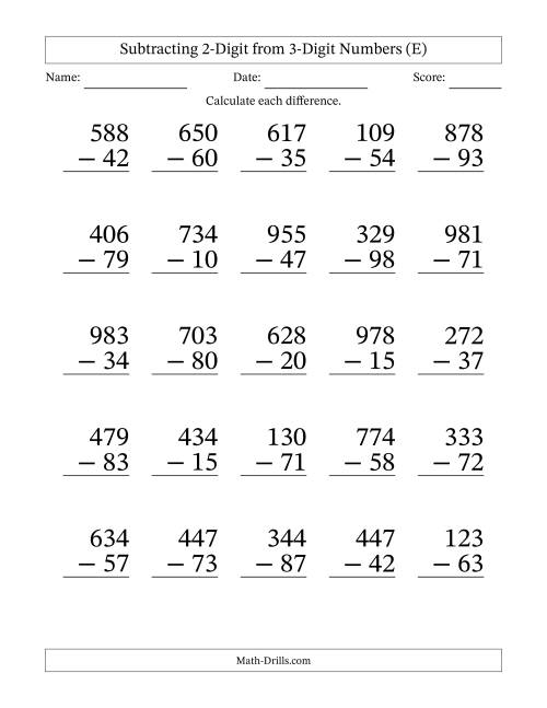 The Subtracting 2-Digit from 3-Digit Numbers With Some Regrouping (25 Questions) Large Print (E) Math Worksheet