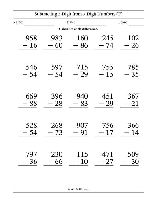 The Subtracting 2-Digit from 3-Digit Numbers With Some Regrouping (25 Questions) Large Print (F) Math Worksheet