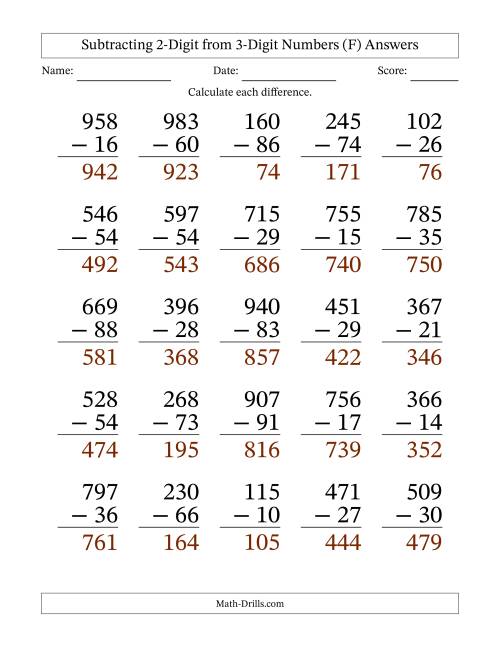 The Subtracting 2-Digit from 3-Digit Numbers With Some Regrouping (25 Questions) Large Print (F) Math Worksheet Page 2