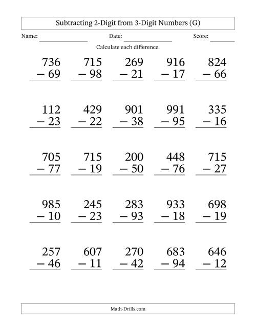 The Subtracting 2-Digit from 3-Digit Numbers With Some Regrouping (25 Questions) Large Print (G) Math Worksheet