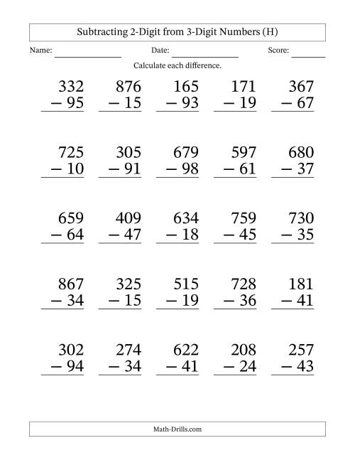 The Subtracting 2-Digit from 3-Digit Numbers With Some Regrouping (25 Questions) Large Print (H) Math Worksheet